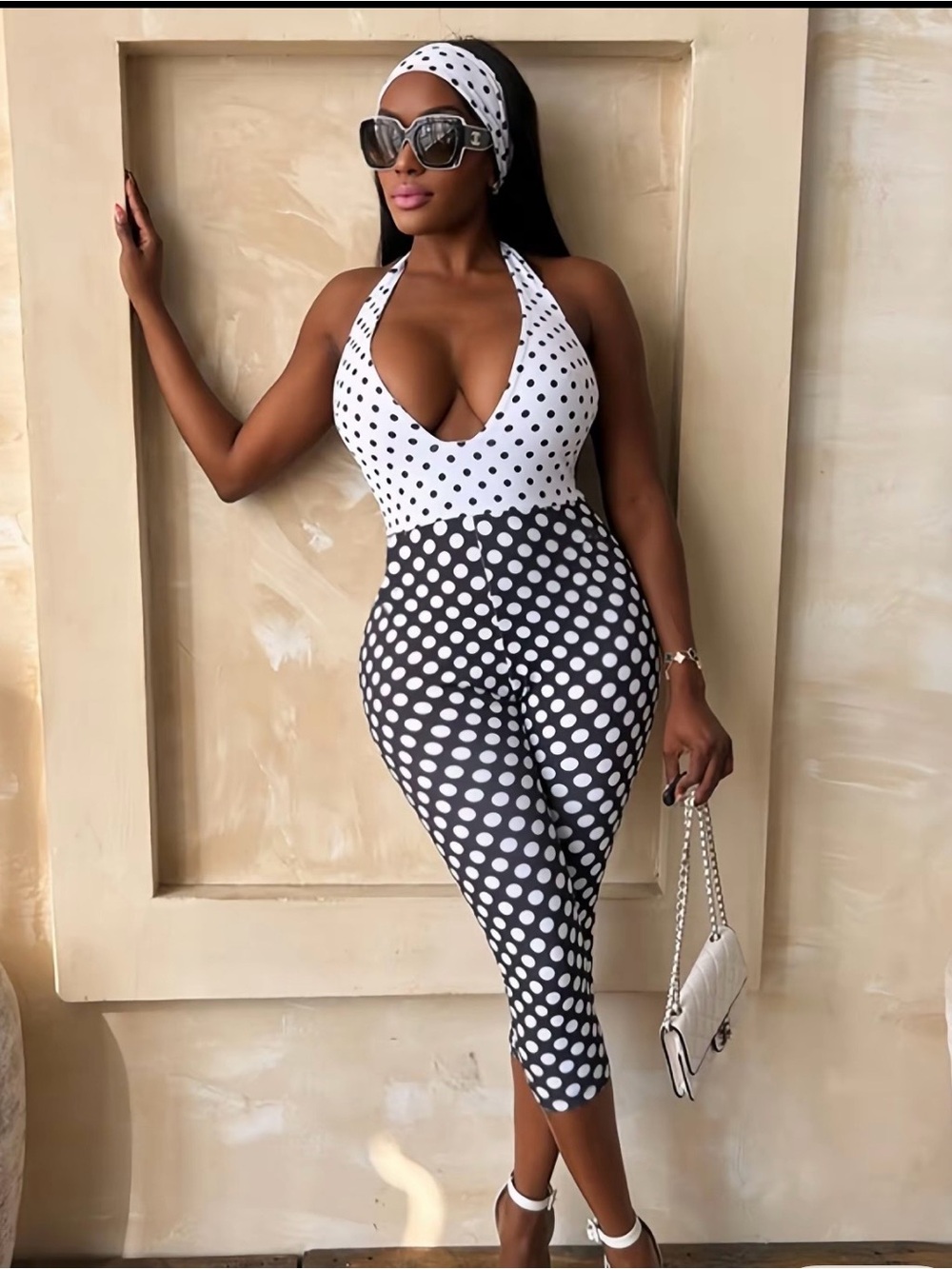Polka Dot Halter Jumpsuit - Black & White